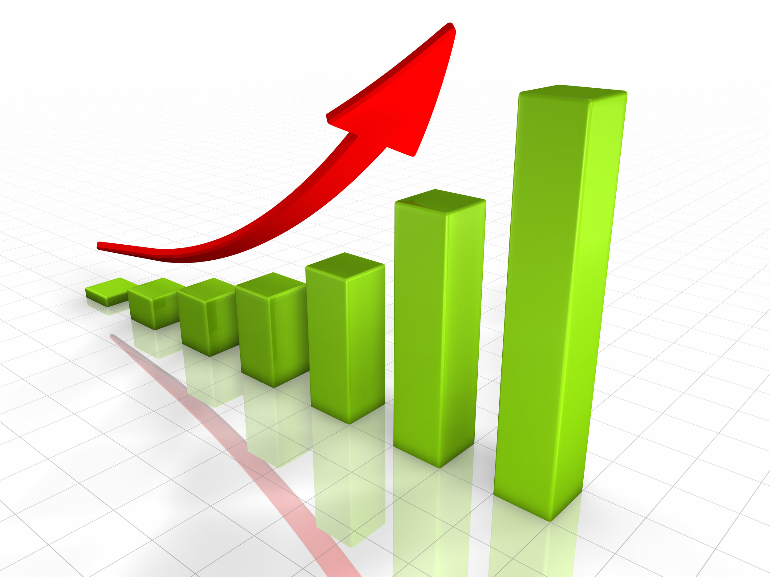 Green growing graph with a red arrow pointing upward